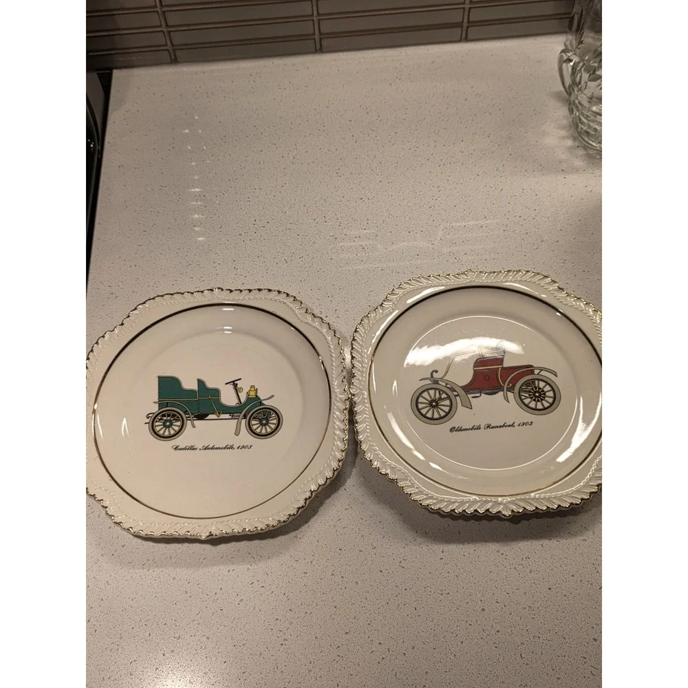 Set of Two Vintage Beautiful Automobile Plates With 22KT. Gold Trims